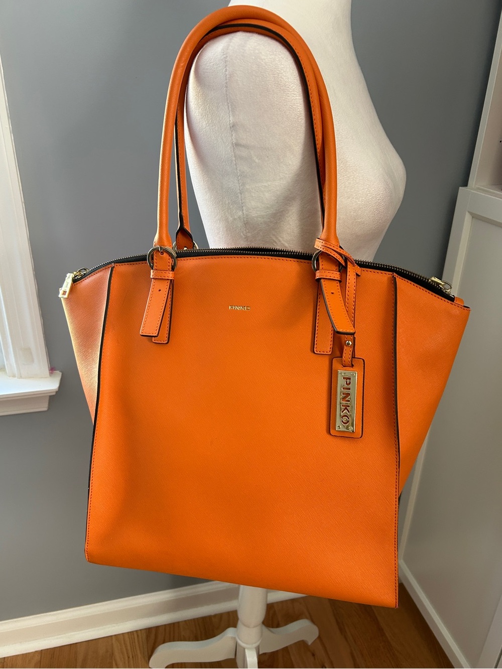 Pinko Footing Shopping Tote Saffiano Leather Orange Gold Tone Hardware Large